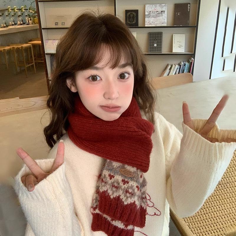 New wool red scarf women's winter atmosphere to keep warm Fair Island Christmas knitted scarf