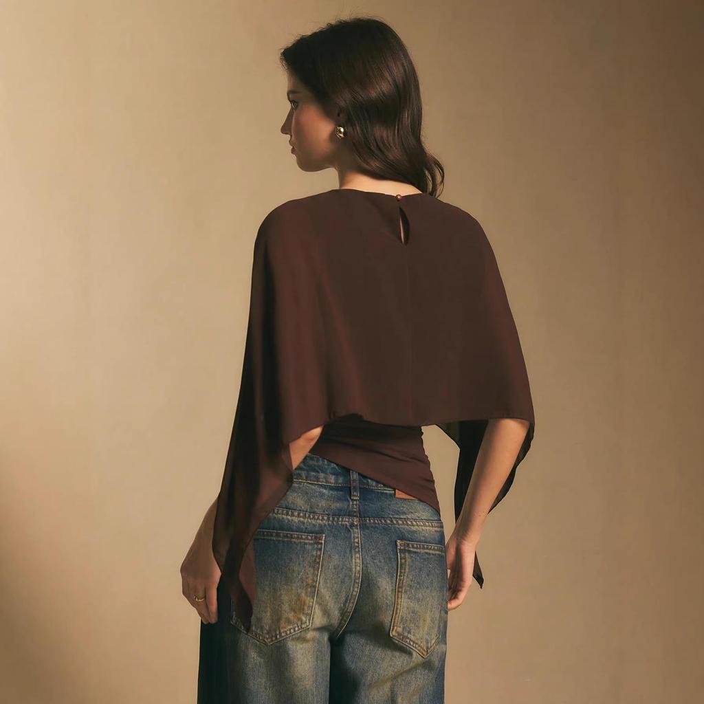 2026 Summer Women's Elegant Irregular Chiffon T-Shirt with Cape Sleeves and Round Neck