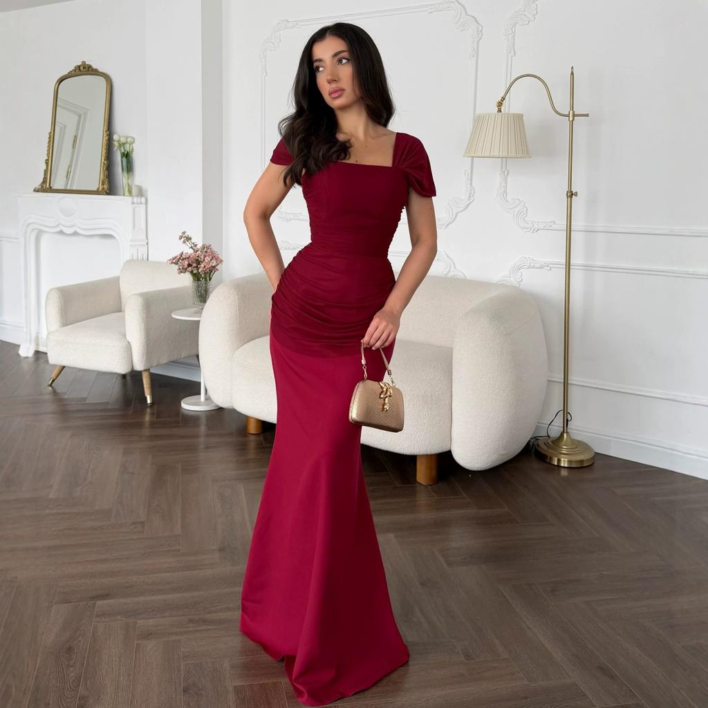Spring and Summer New European and American Women's Clothing Square Neck Short Sleeve Waist Dress Skinny Pleated Hip Wrap Long Dress