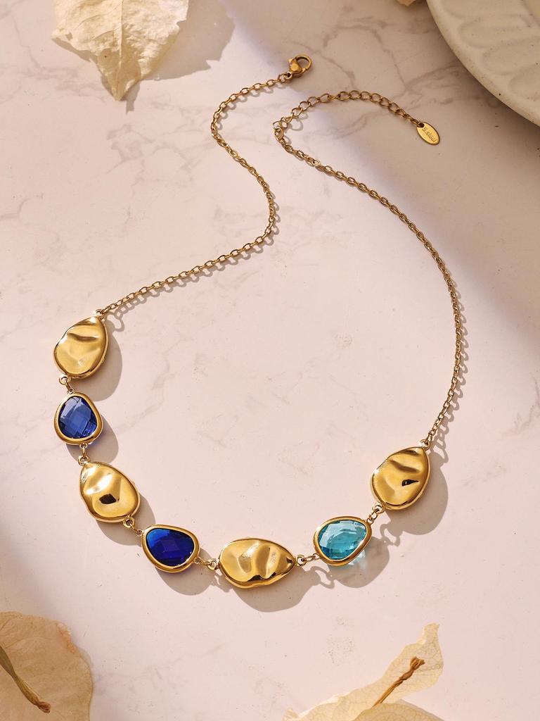 Elegant Multi-Faceted Glass Stone Clavicle Necklace - Transparent Water Drop Design, Light Luxury Style, Stainless Steel