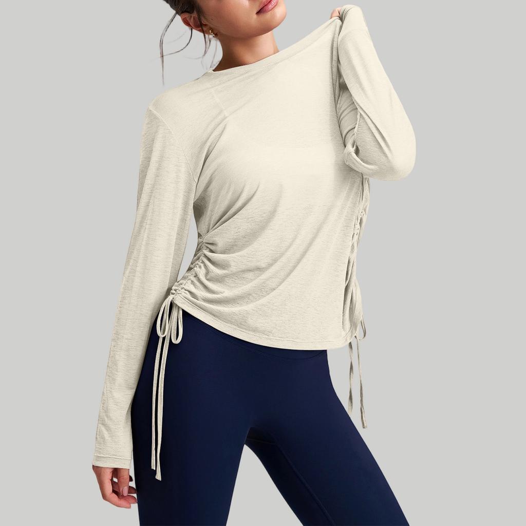 Women's Loose,Fit Breathable Side Drawstring Long,Sleeve Cover,Up Yoga Top