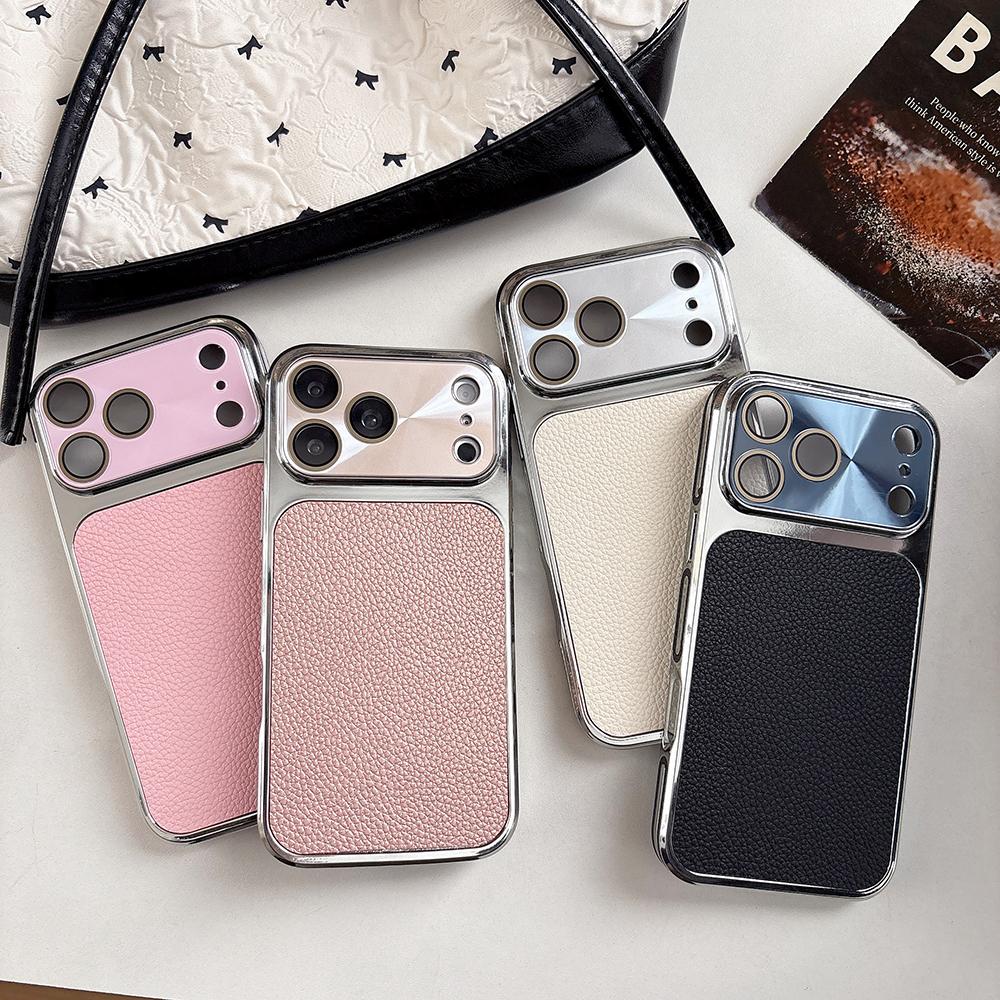 CD Patterned Lens With Lychee Skin Case for iPhone 17 16 15 14 Pro Max Bumper Shockproof Pattern Side Large Viewing Window Cover