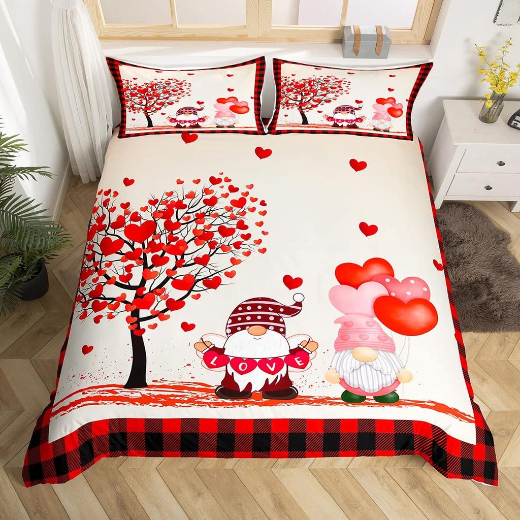 Valentines Day King Duvet Cover Romantic Bedding Set Kawaii Couple Gnome Comforter Cover Pink Rose Hearts Polyester Quilt Cover