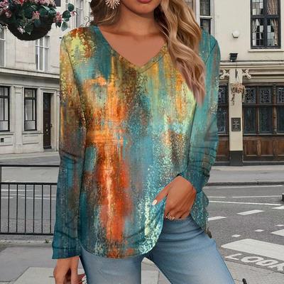 Oil Painting Print Women Tshirts Ladies Tops Long Sleeve V-neck Pullover Femme T-shirts T Shirt For Women
