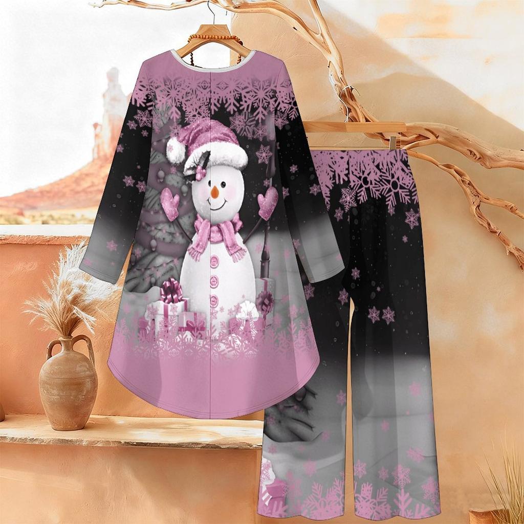 Christmas Print Two Piece Outfit Women Long Sleeve Irregular Hem Tunic Top Wide Leg Pants Casual Matching Set