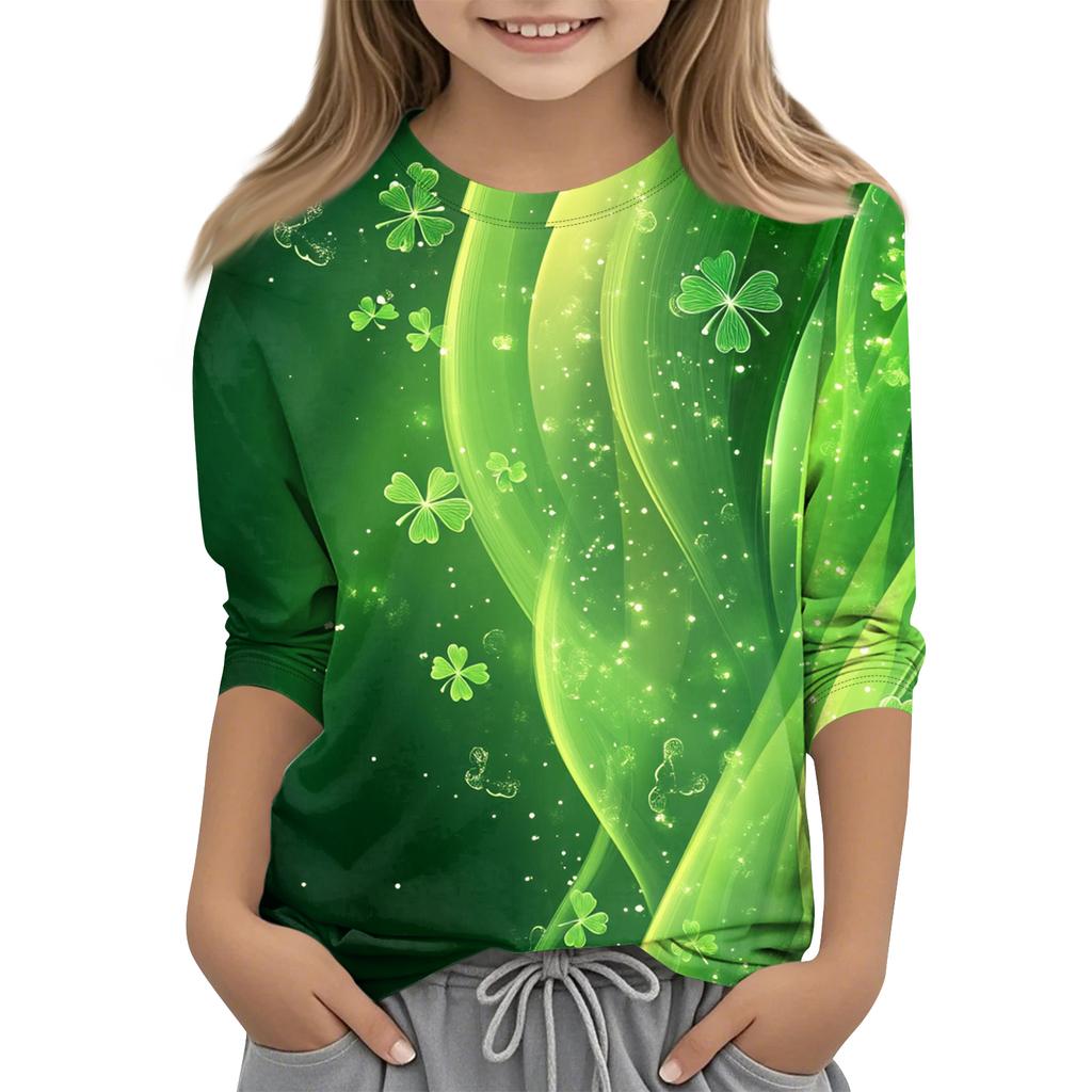 St. Patrick's Day Print Tops For Youth Girls 4-11 Years Round Neck 3/4 Sleeves T-Shirts Trendy Tops Outfit Tees
