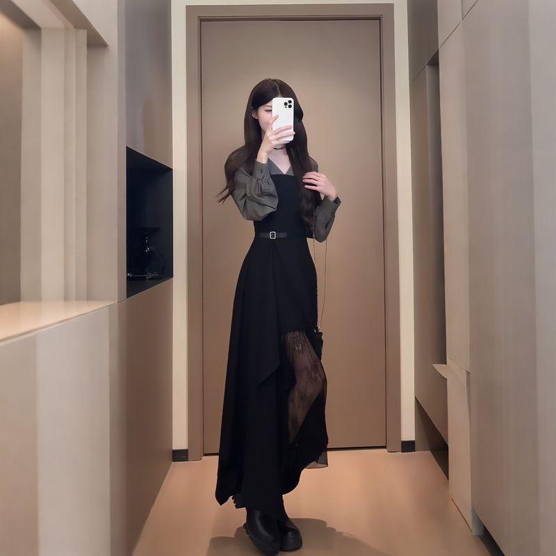 

New Spring Style, Loose-Fitting, High-End Hepburn-Style Irregular Skirt, Dress for Curvy Women That Hides the Body and Makes Them Look Slimmer Black and Gray Extended Version M