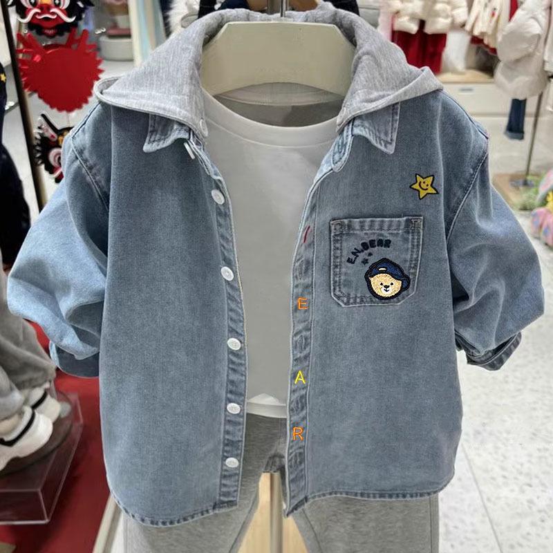 

2025 Autumn Boys Versatile Hooded Denim Jacket - Korean Style Solid Color Cardigan 160 cm синий