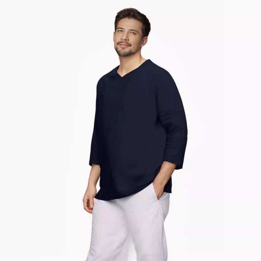 Men's V-Neck Long-Sleeve Cotton Linen Shirt - Anti-Theft Policy Applied