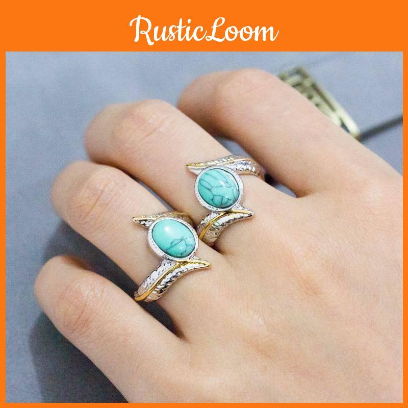Turquoise Geometric Feather Ring Women Alloy Jewelry Party Engagement Decoration