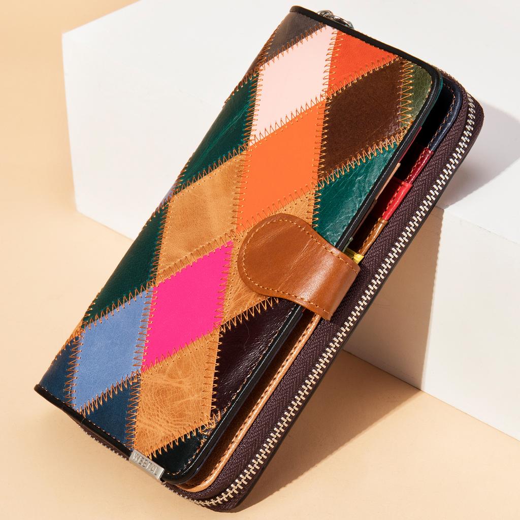 Damen Handgeldbörse, Damen Lange Farbe Patchwork Null Geldbörse, Damen Reißverschluss Handy Tasche, Echtes Leder Geldbörsen Clip
