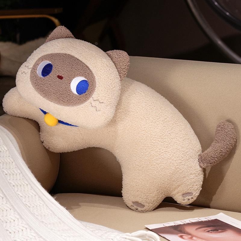 Japanese Three-Color Cat Plush Hugging Pillow for Girls' Bed - Cute Curved Sleep Doll