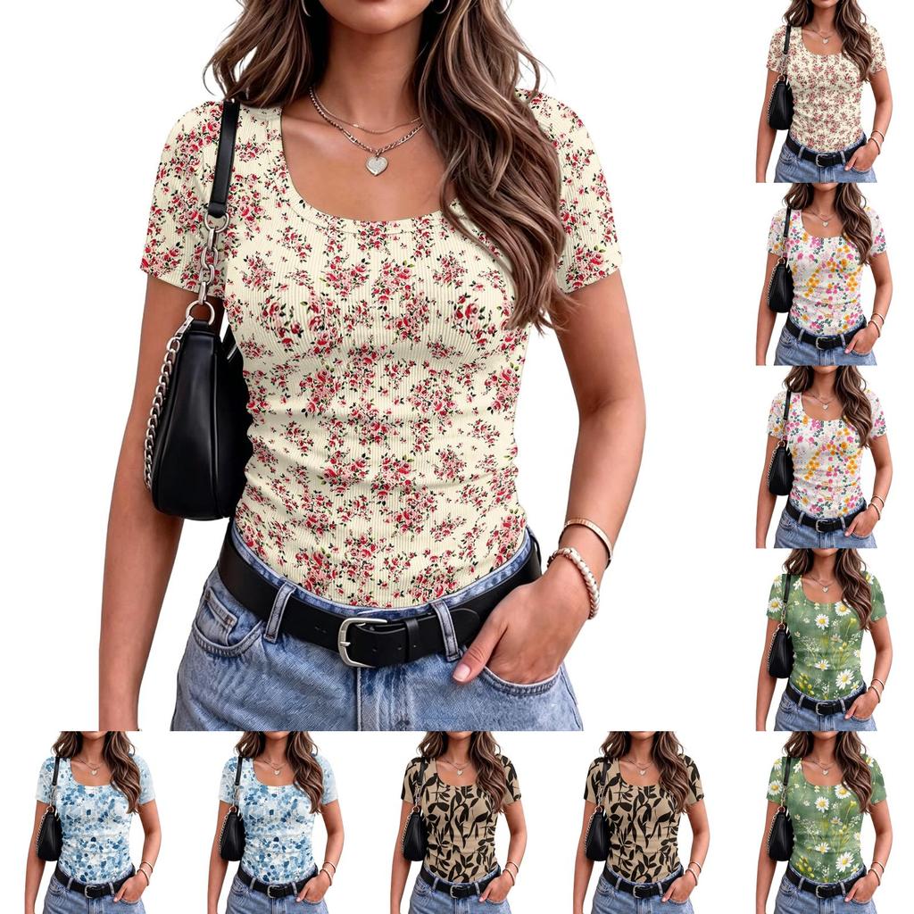 Women Slim Fit Square Neck Short Sleeve Top Retro Floral Print Stretchy Ribbed Fabric Casual Daily Wear