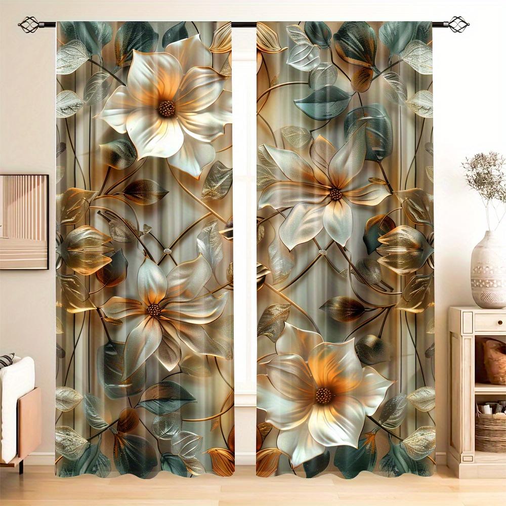 2PCS Pearl Leaf Printed Curtains, Pole Bag Polyester Material Design, Bedroom, Home Decoration