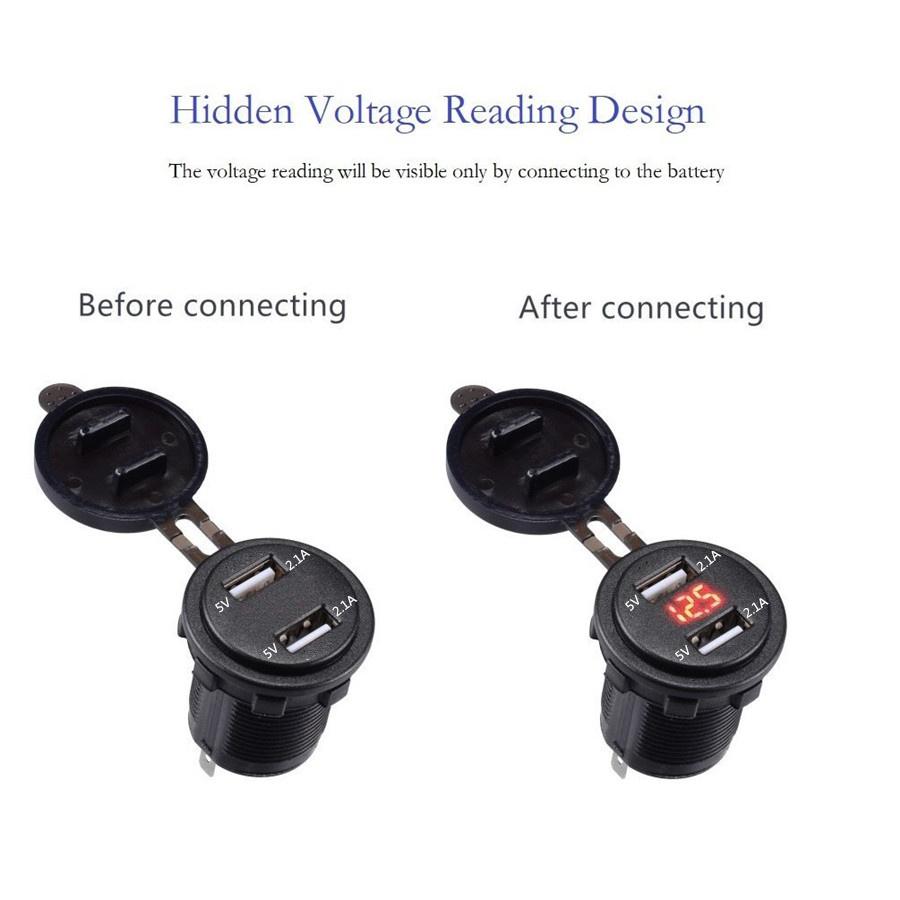 Waterproof Dual USB Charger Socket Waterproof Power Outlet 4.2A with Voltmeter & Wire In-line 10A Fuse for 12-24V Car Boat Marine Motorcycle