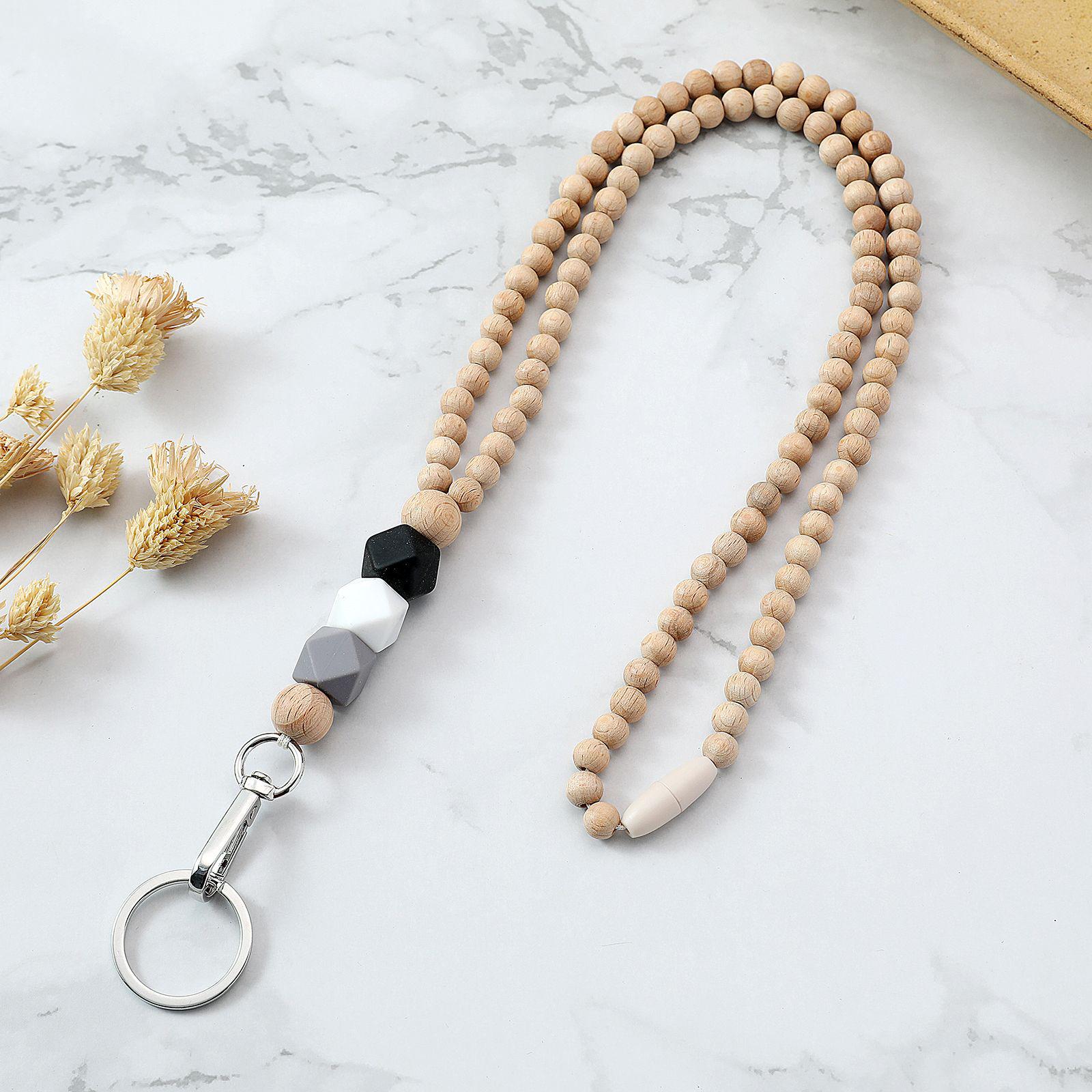 Silicone Wood Bead Keychain Lanyard with Retractable Buckle Necklace - Bohemian Style
