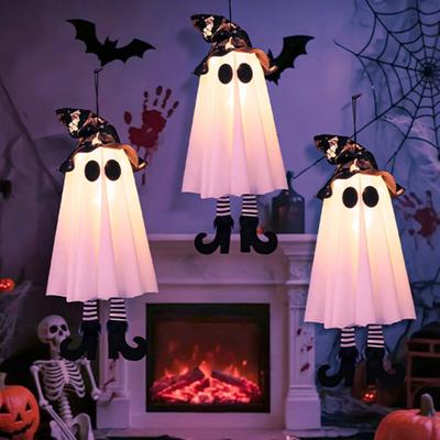 Halloween Wiszące Duchy z Kapeluszem Wiedźmy Świecące Duchy Kapelusz Wiedźmy Światełka Straszne Dekoracje Ogrodowe na Imprezę