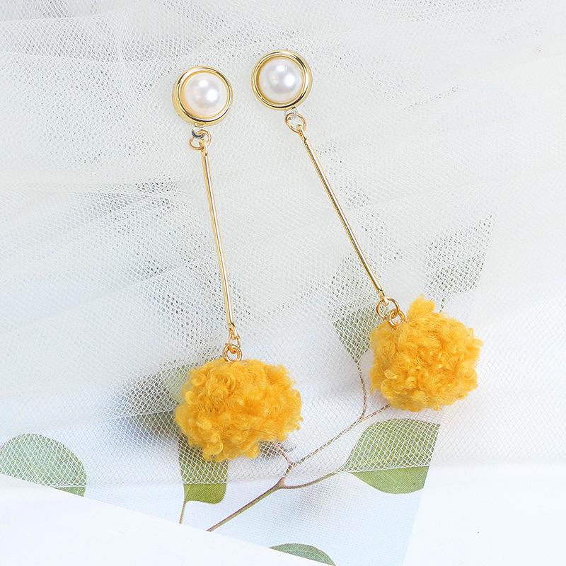 Yellow Collection: Trendy Korean-Style Bright Yellow Pompon Fabric Stud Earrings - Energetic, Fashionable, and Versatile Long Earrings