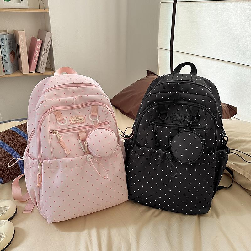 Women's Wave Point Print Backpack Junior High School Student Schoolbag Large Capacity Backpack with Coin Purse