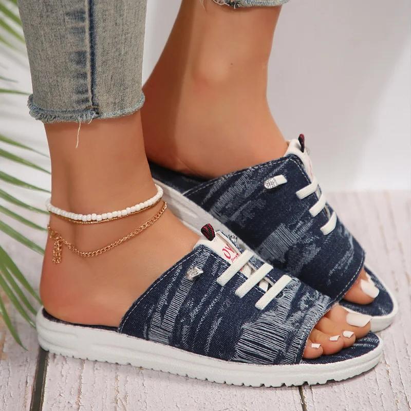 Fashion Unisex Slides New Women Slippers Peep-toe Sandals Outdoor Casual Canvas Denim Slippers Flat Home Slippers Large Sizes 36-43