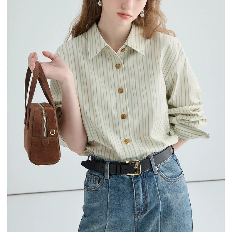 

New Long-Sleeve Women s Shirt 2026 Spring and Autumn Striped Loose Casual Turn-Down Collar Top S