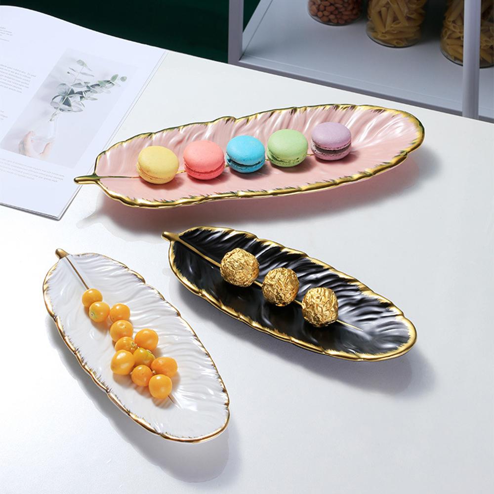 Leaf Plate Realistic Feather Tray Table Decoration Ceramic Jewelry Ring Trinket Dish Holder Decorative Serving Tray for Fruit Snack Dessert Jewelry