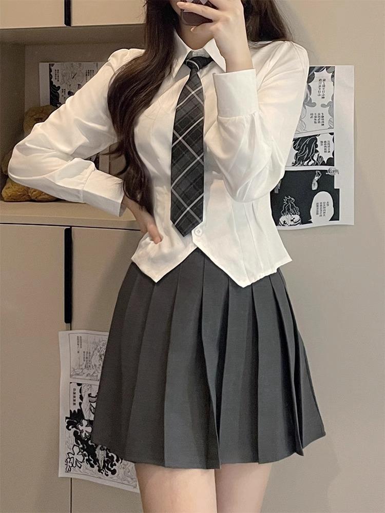 Academy Style Waist-Cinching Long-Sleeved Slim-Fit White Shirt for Women