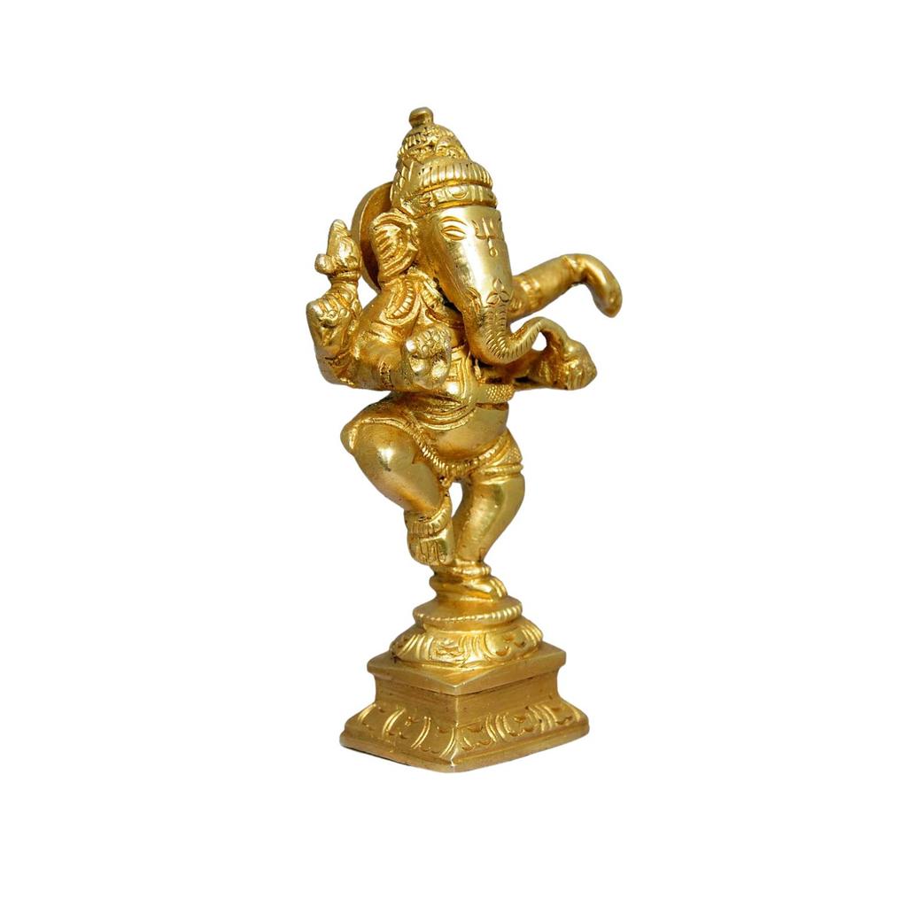 Lord Ganesh, Ganpati, Vigneshwara Statue In Dancing Pose, Brass - 4.5 Inch