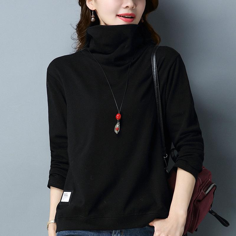 Women's High Neck Fleece-Lined Loose Long Sleeve T-shirt - 2024 Trendy Autumn/Winter Korean Style