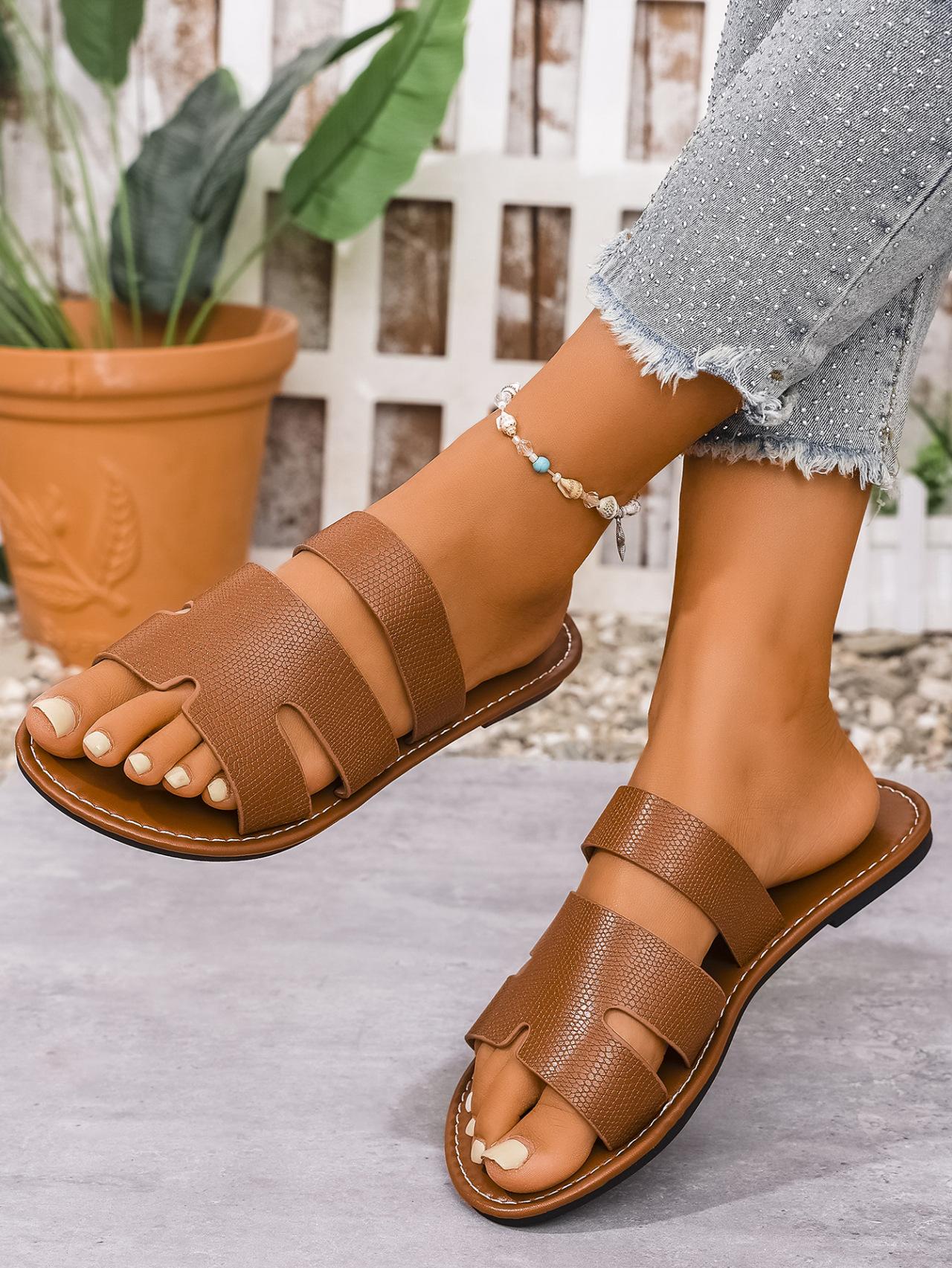 

Flat bottom women s one-word sandals 2025 large size summer new round head comfortable flat bottom one-pedal cool slippers 43 коричневый