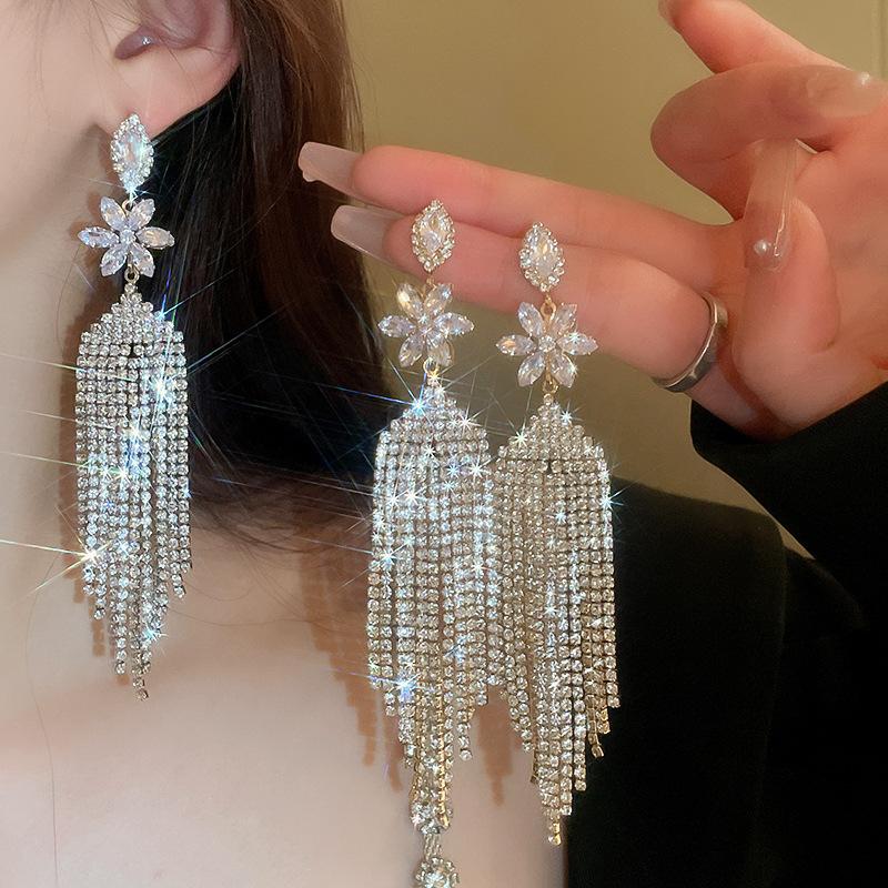 European and American Silver Needle Zircon Fringed Earrings Light Luxury High-end Atmospheric Earrings Niche Earrings Women