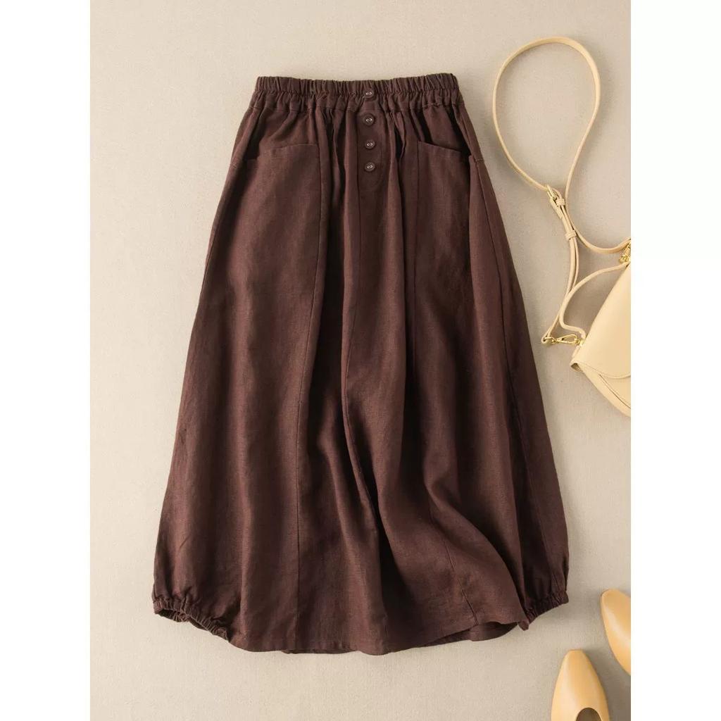 Large Size Women's Summer Imitation Linen Retro Half Skirt Women's Summer Mid Length High Waist A-line Slimming Artistic Temperament