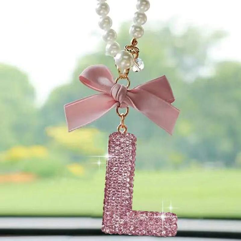 Creative Diamond Fashionable Bow Letter Car Pendant Car Rearview Mirror Decoration Exquisite English Pendant Decoration
