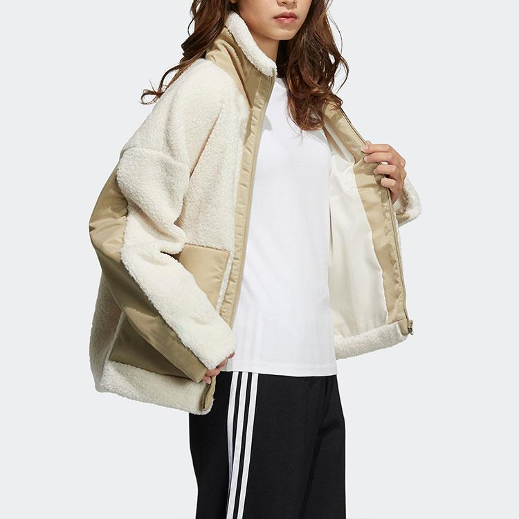 Adidas Originals Sherpa Color Block Stand Collar Fleece Sports Jacket Women Jacket Off-White HC6603
