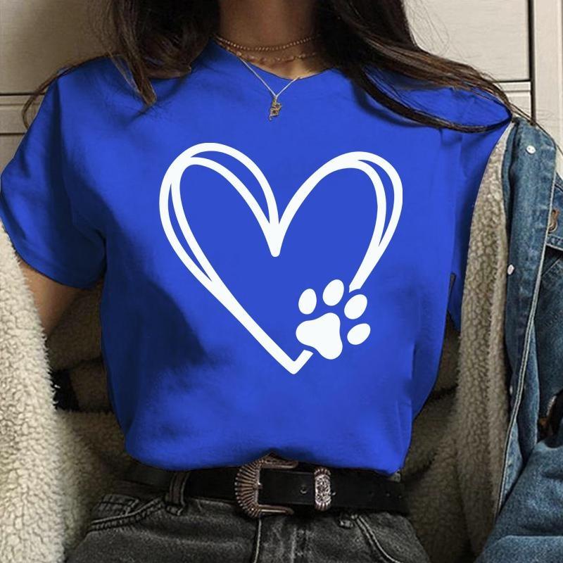 Personalized Creative Heart Dog Paw Print Pattern Printed Tee Women's Funny Casual Shirt Tops Loose Round Neck T-Shirt