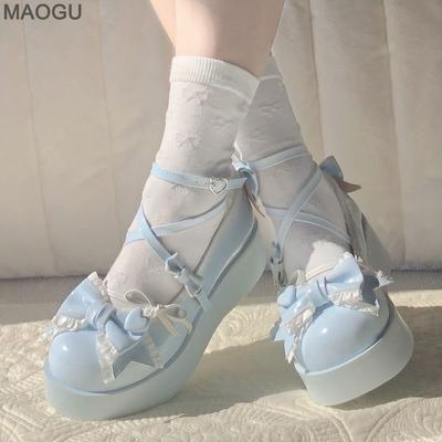 Chaussures Mary Jane pour Femmes Semelle Épaisse Jaune Bleu Jolies Chaussures Lolita Mignon Cœur Nœud Escarpins Augmentant la Hauteur Zapatos De Mujer