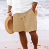 2024 Men's Striped Cotton-Linen Beach Shorts with Multi-Pocket and Drawstring