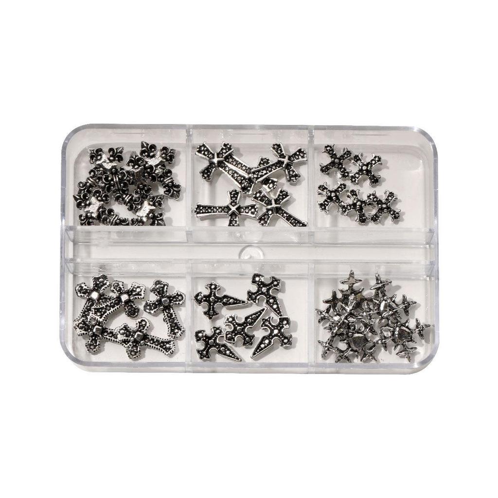 Retro Cross Heart Grid Nail Art Accessories - Gold & Silver Decorations Box