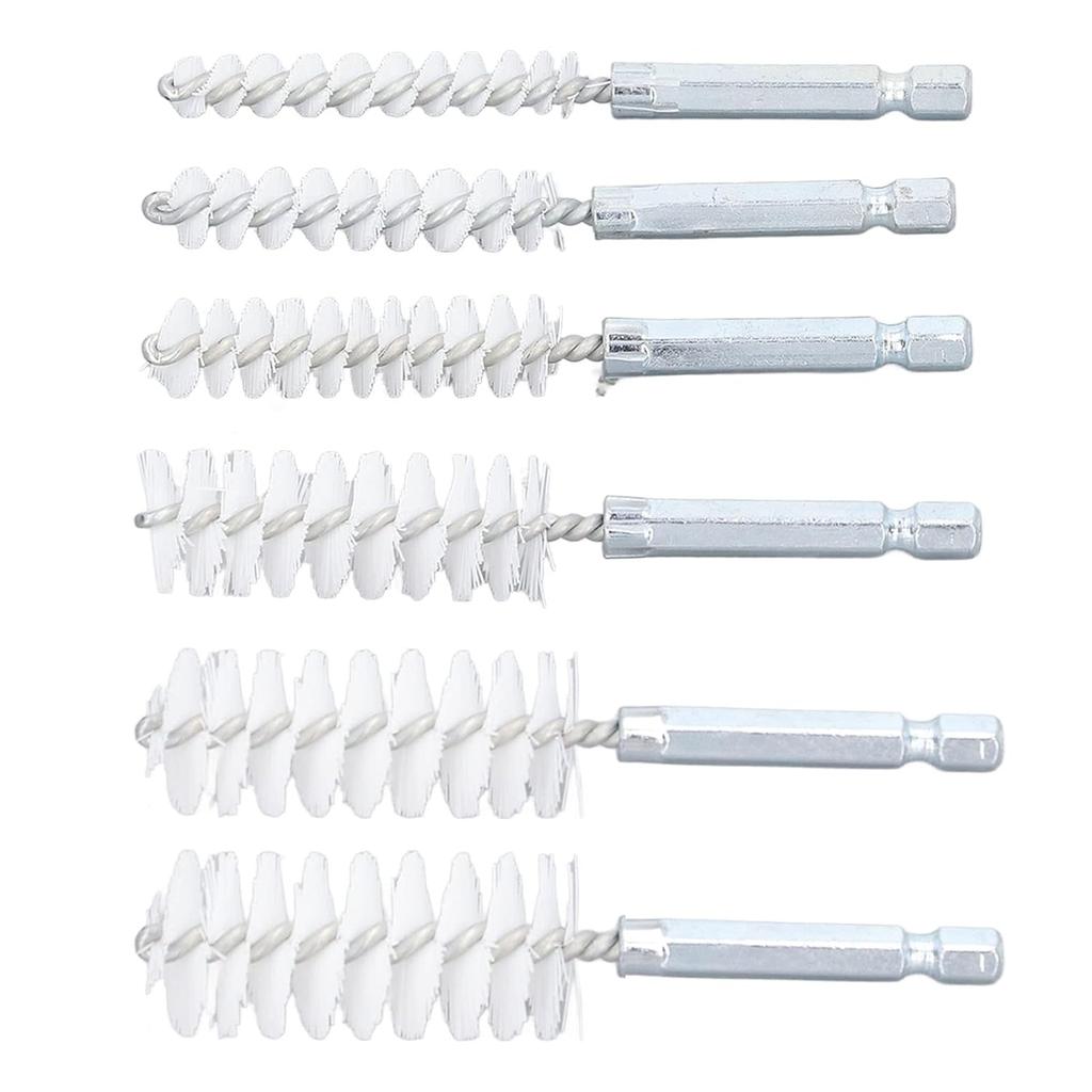 Bore Cleaning Brush Set, 6 Pieces with 1/4in Hex Shank, Wire Brush for Drill or Impact Driver (Nylon, White)