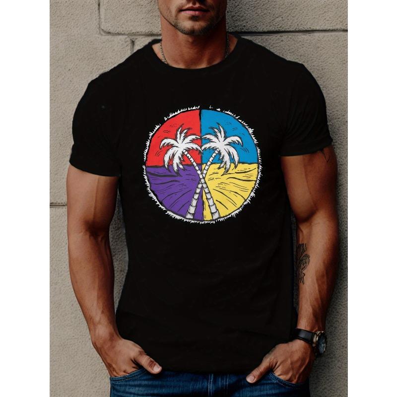 

European Size Men S Short-Sleeve Summer T-Shirt Featuring a Circular Design with Palm Trees. 4XL чорний