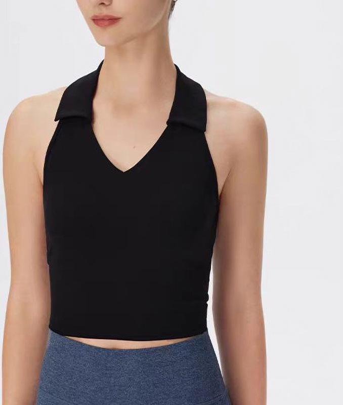 

Женская майка для йоги с воротником поло, открытой спиной и ажурным дизайном Medium чёрный