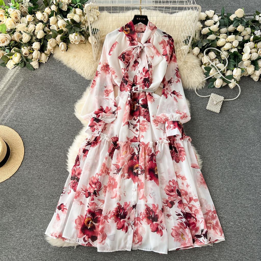 Women Elegant Vintage Mid Dress Bow Neck Retro Flower Print Long Sleeve Dresses with Belt