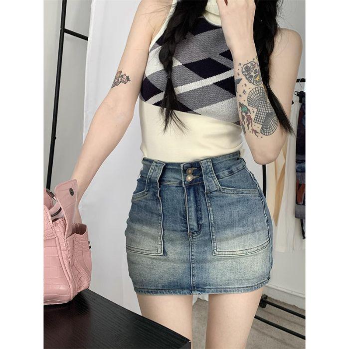 Retro Spicy Girl A-Line Midi Denim Skirt - High Waist, Plus Size for Women