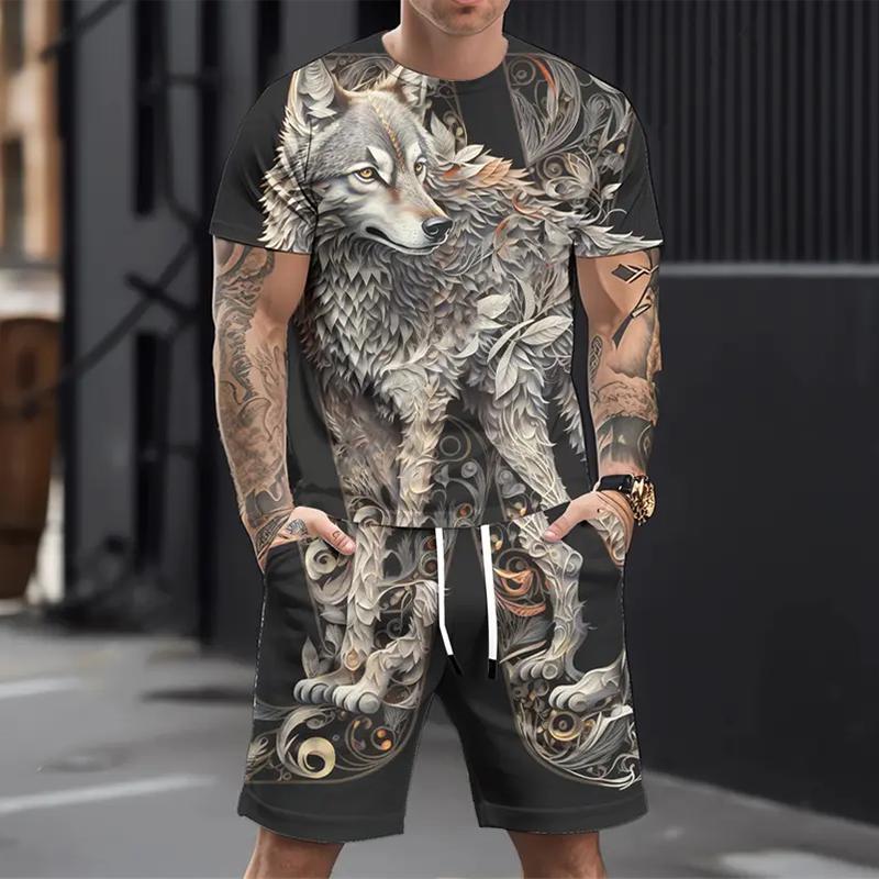 Men's Casual Sports Suit Printed 3D Fierce Wolf Pattern Suit, Summer Casual Breathable Suit