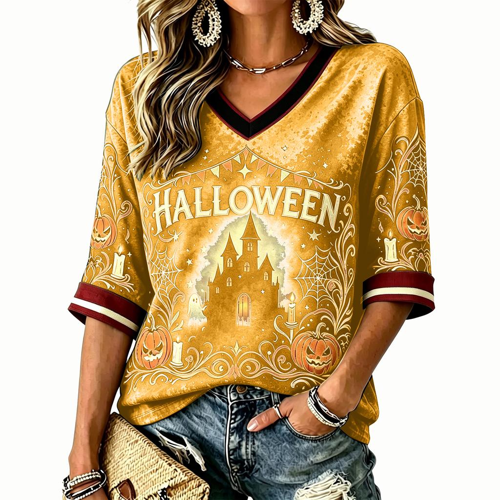 Women's Halloween Printed V-Neck Short Sleeve T-Shirt Casual Top