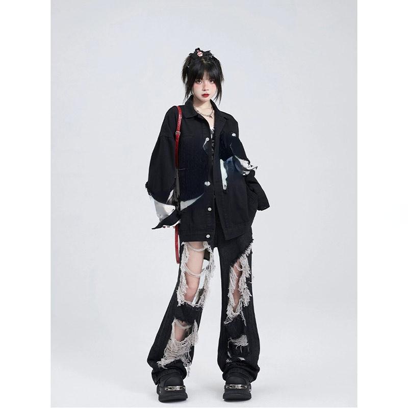 Women Gothic Black Jeans High Waist Vintage Korean Fashion Y2k Streetwear Ripped Pants Harajuku Casual Wide Leg Denim Trousers
