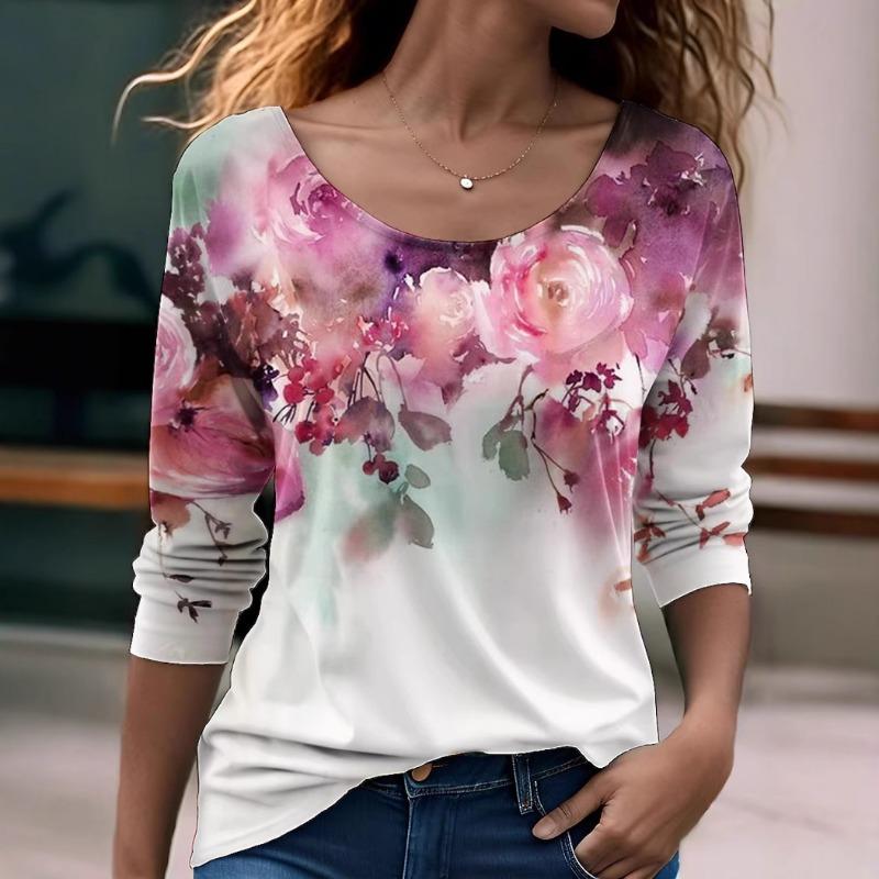 

Повседневная Универсальная Модная Футболка с Длинным Рукавом с Цветочным Узором для Женщин 5xl
