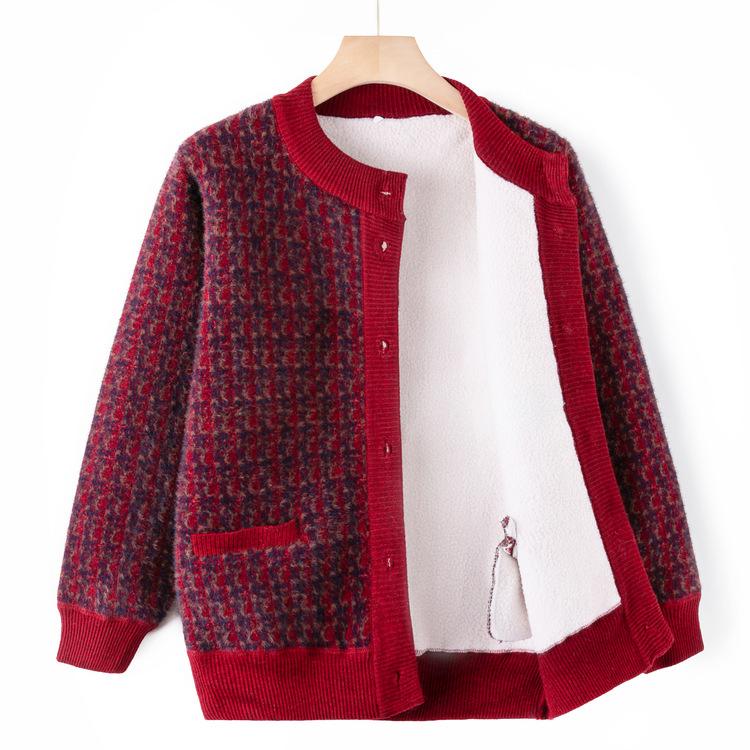 Middle-aged and Elderly Autumn and Winter Clothes Plus Velvet Thick Cardigan Sweater Female Mother Warm Sweater Jacket Elderly Grandma Clothes