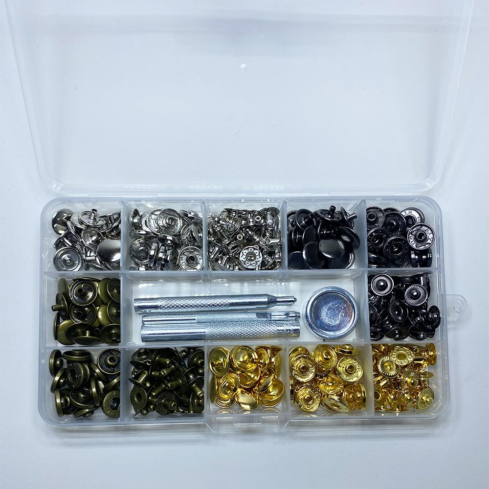 60/100 sets 10mm 12.5mm 15mm Metal Snap Fastener Button Press Popper With Tool Leather Bag Clothes Jacket Repair Assortment Kit