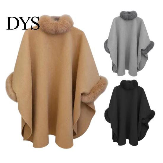 Winter Coat Lady Cape Dolman Sleeves Thick Shawl Loose Stand Collar Solid Cozy Wool Blend Trench Color Faux Fur Decor Warm Daily Wear Work Outdoor